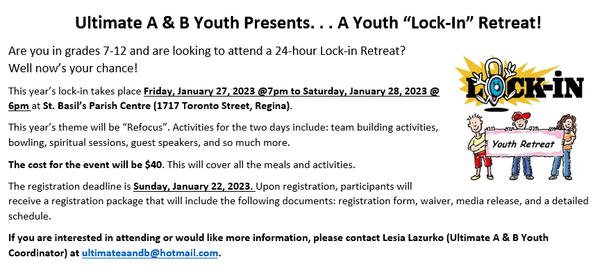 Ultimate A & B Youth Present the Lock-in Retreat – Regina, SK – January 27-28, 2023